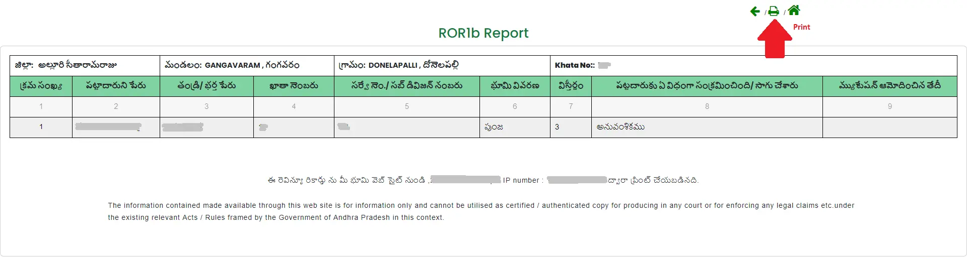 Sample of MeeBhoomi ROR Document